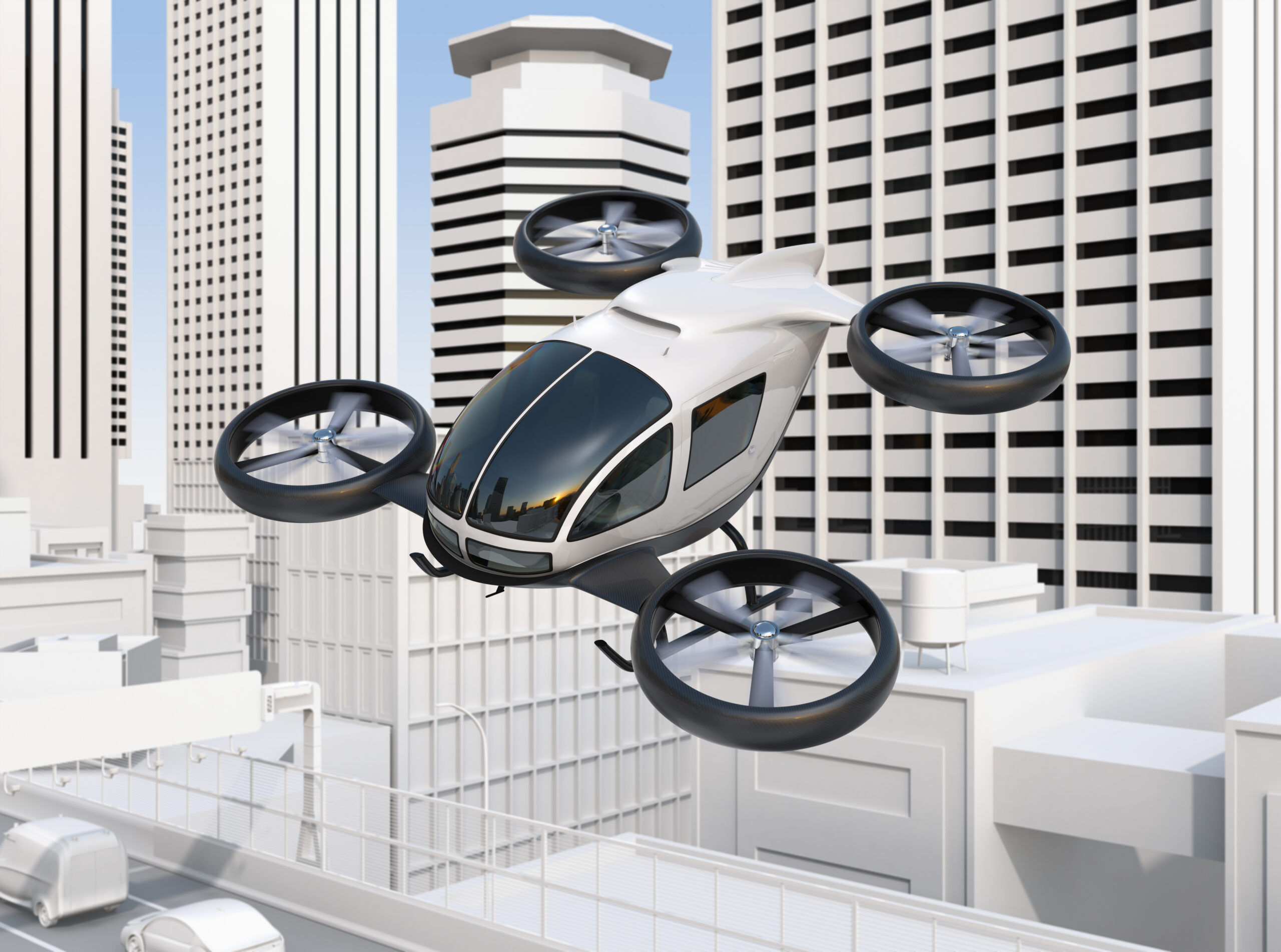 Self-driving,Passenger,Drone,Flying,Over,A,Highway,Bridge,Which,In
