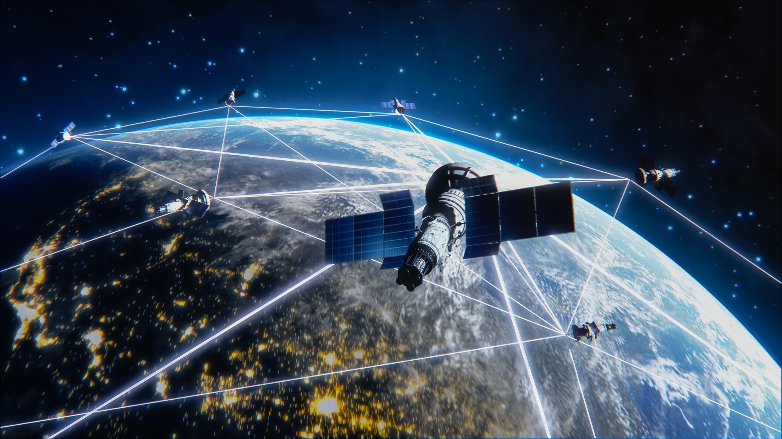 Many,Satellites,Flying,Over,Earth,As,Seen,From,The,Space,